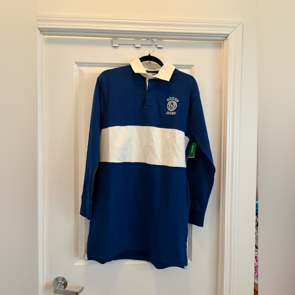 Guess Jeans Polo Sweatshirt Mini Dress Size S Blue White Logo Long Sleeve - Picture 6 of 15
